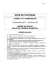Note de Synthèse - Conseil Communauté 19 décembre 2011 